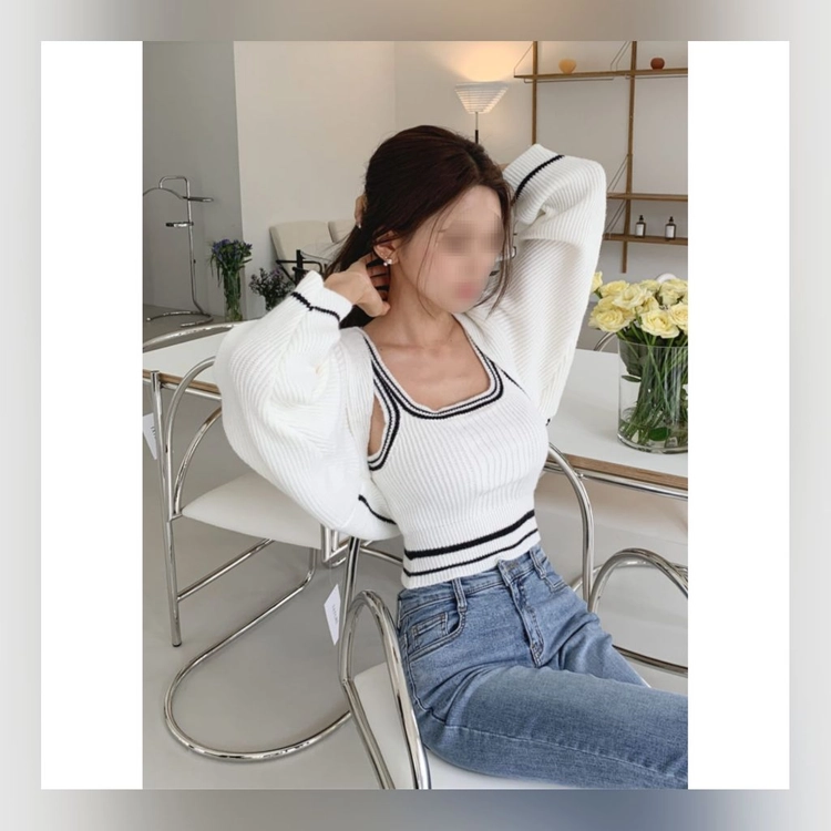 아이보리색+검정색 볼레로 가디건 세트 (XS/S/M/L, 44/55/66/77, 80/85/90/95 사이즈) 이미지