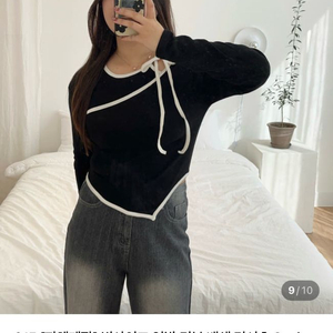 하티66 언발 리본 배색 티셔츠 블랙 이미지