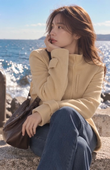 새상품 Peyton Place 울 90% 벨티드 베이지 자켓 이미지