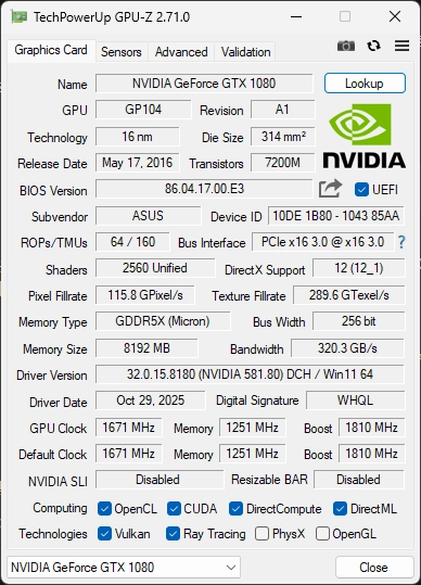 ASUS ROG STRIX GTX 1080 A8G GAMING 8GB - 박스 없음 이미지