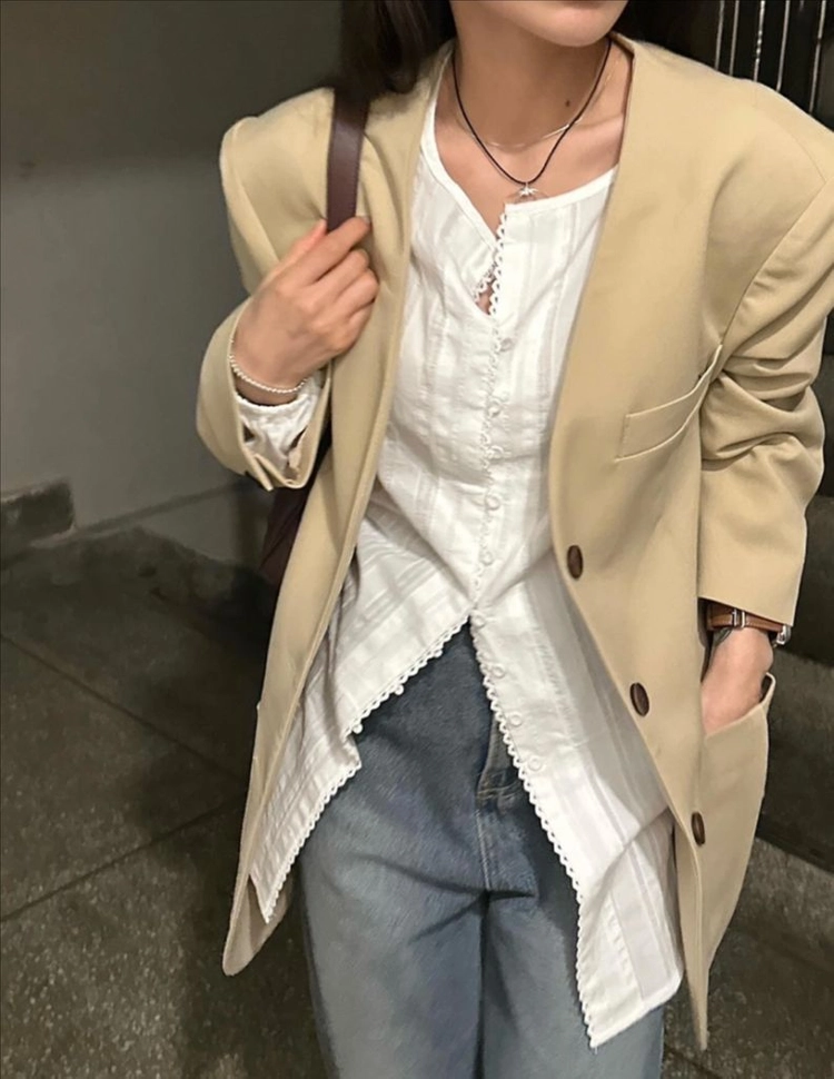 (거의 새상품) 유인어스 오버핏 루즈핏 노카라 자켓 베이지 이미지