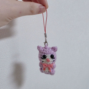 핸드메이드 귀여운 연보라 고양이 뜨개 인형 키링 이미지
