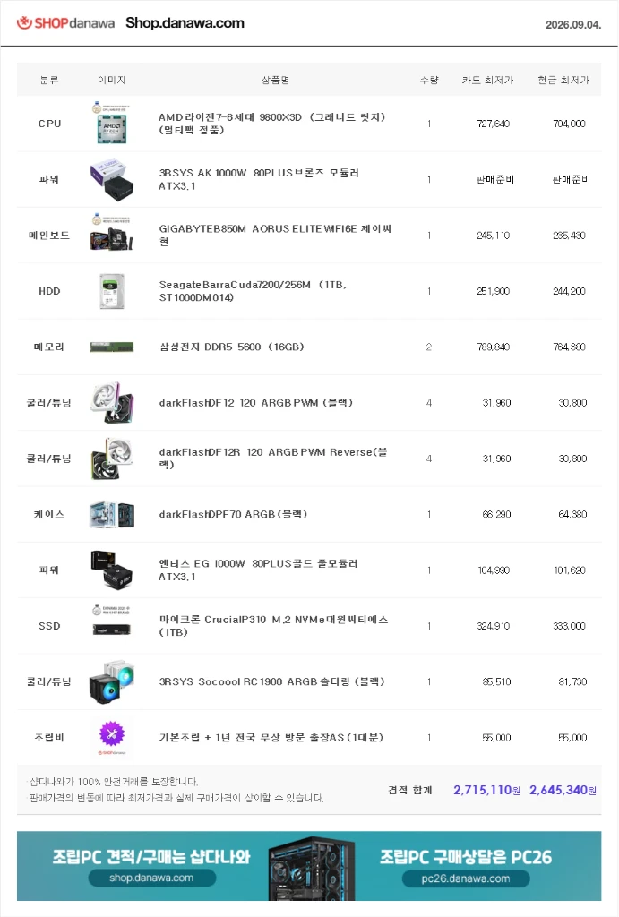 (새제품 반본체 공랙 블랙)9800X3D, 32GB, 1000W, 공랭최강, 방송게이밍컴퓨터본체 이미지