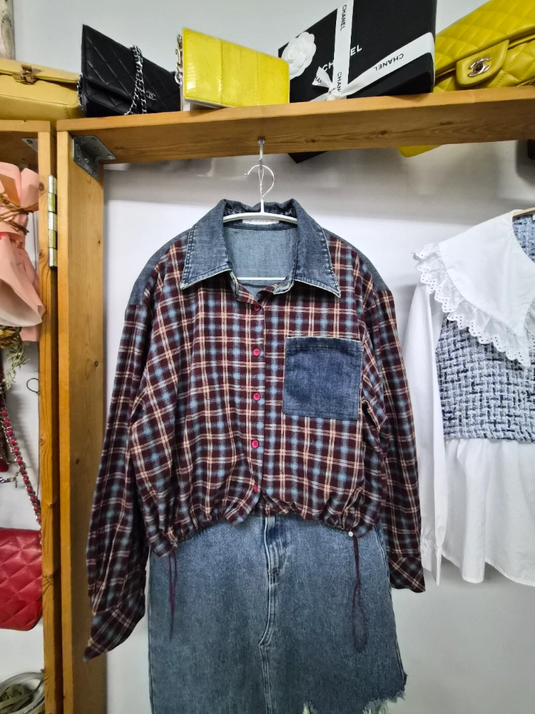 올리브 데 올리브 체크 셔츠 블루종 이미지