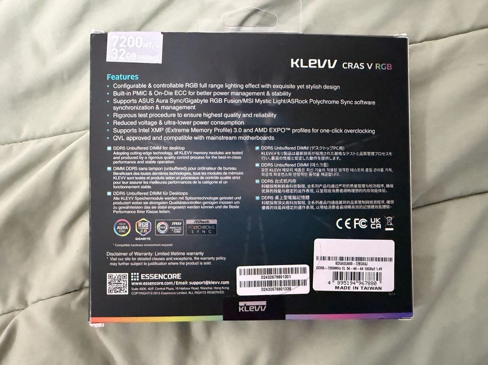 KLEVV CRAS V RGB DDR5 32GB (2x16GB) 7200MHz CL34 이미지