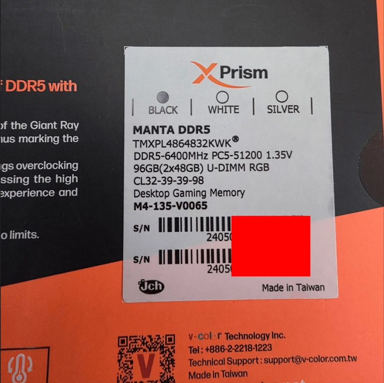 V-Color Manta DDR5 RGB 96GB(48GB×2) 6400MHz CL32|하이닉스 메모리 이미지