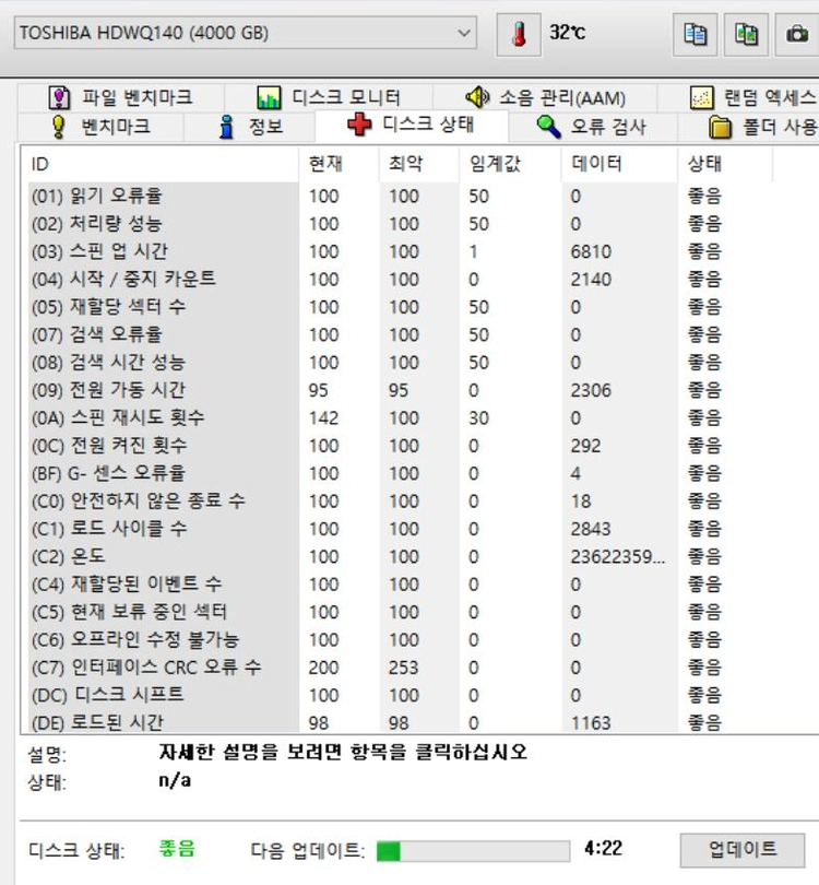 도시바 NAS 7200/128M HDD 4TB 2306시간 이미지