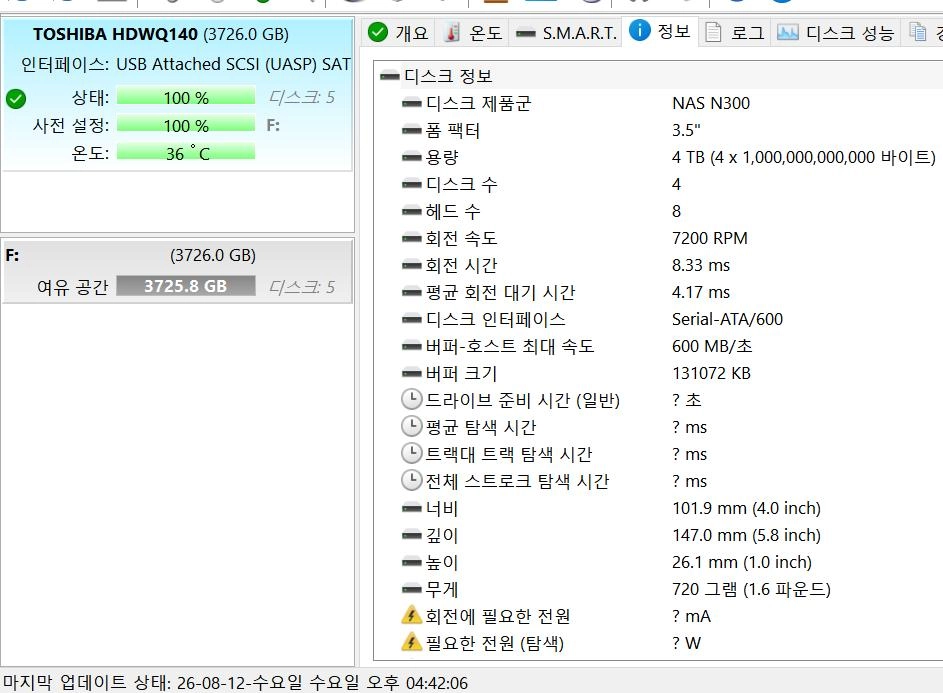 도시바 NAS 7200/128M HDD 4TB 2306시간 이미지