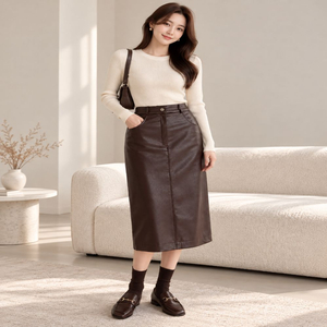 로맨틱 데이트룩 브라운 레더 H라인 미디 스커트ㅡ무배 이미지