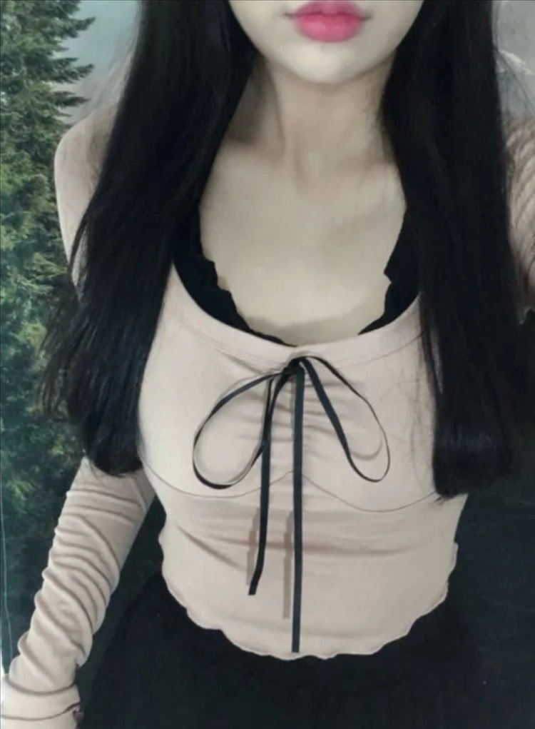 여성 긴팔 리본 크롭티 이미지