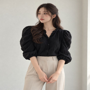새상품 여성 면100 프릴넥 핀턱 퍼프소매 블라우스 FREEㅡ무배 이미지
