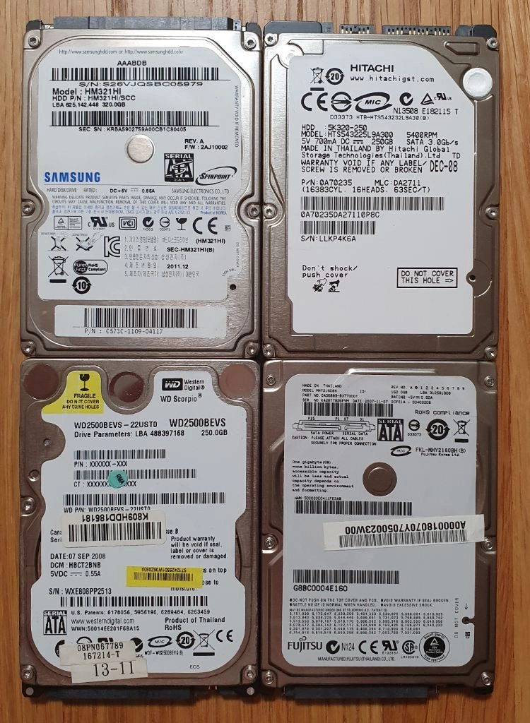 삼성,wd,후지쯔,히타치 2.5인치 hdd 320,250,160gb 4개 일괄 이미지