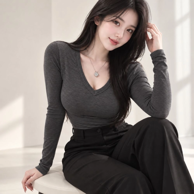 새상품 여성 슬림핏 약기모 브이넥 긴팔 티셔츠 스판 겨울 이너티ㅡ무배 이미지
