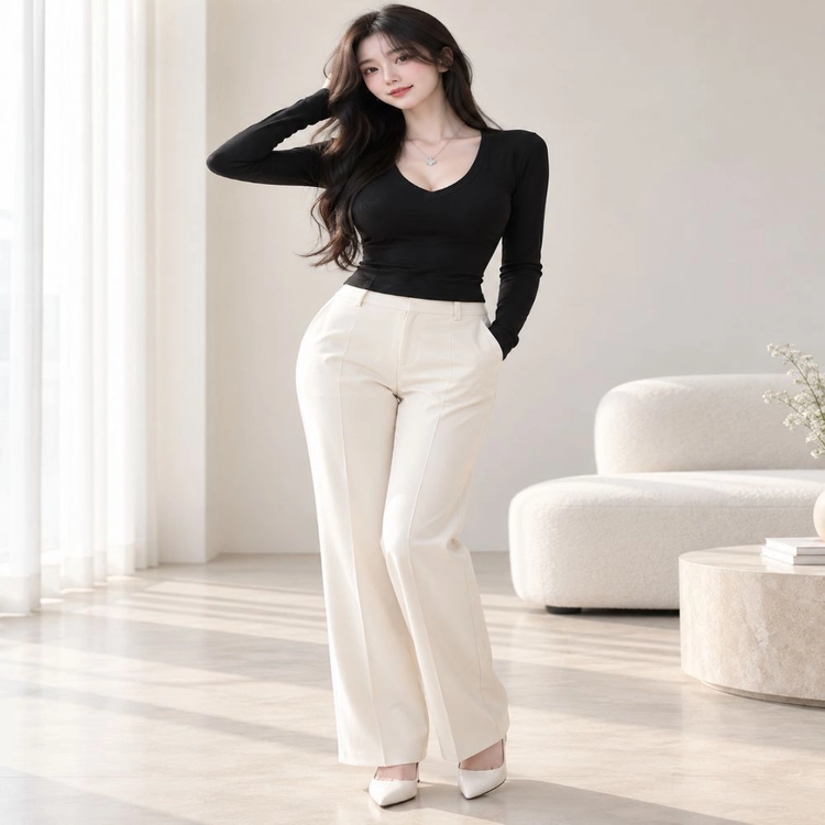 새상품 여성 슬림핏 약기모 브이넥 긴팔 티셔츠 스판 겨울 이너티ㅡ무배 이미지