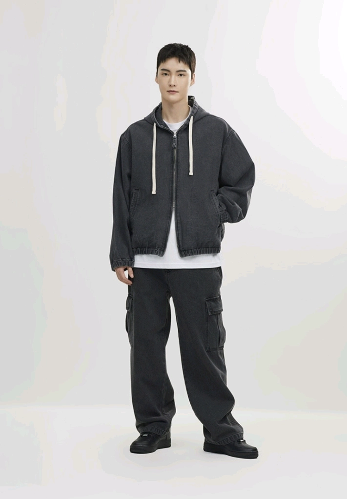 스파오 데님 후드 집업 워싱 자켓 다크 그레이 / 유니클로 자라 zara 스파오 탑텐 지오다노 에잇세컨즈 H&M 이미지