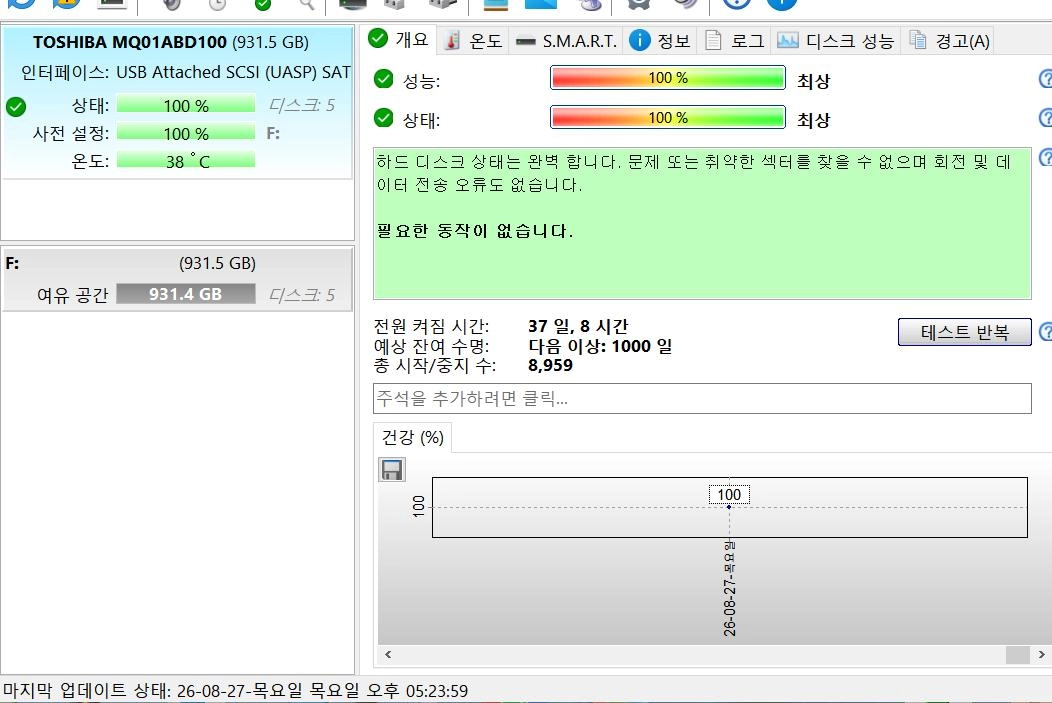 노트북하드 도시바 HDD 1TB 2.5인치 896시간 이미지