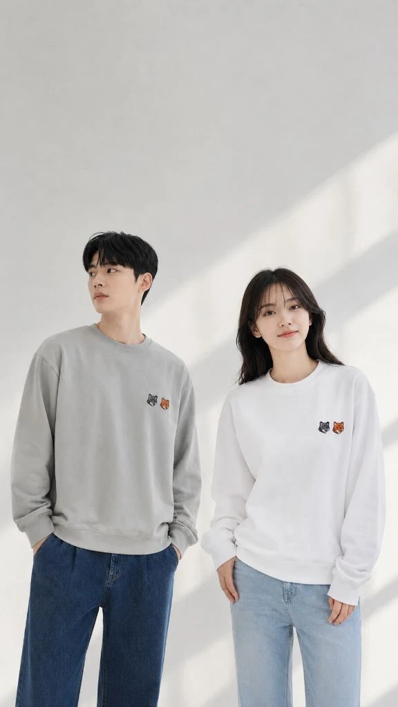 메종키츠네 더블 폭스헤드 맨투맨 블랙/화이트/카키 이미지