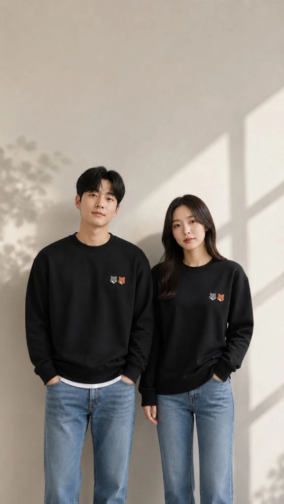 메종키츠네 더블 폭스헤드 맨투맨 블랙/화이트/카키 이미지