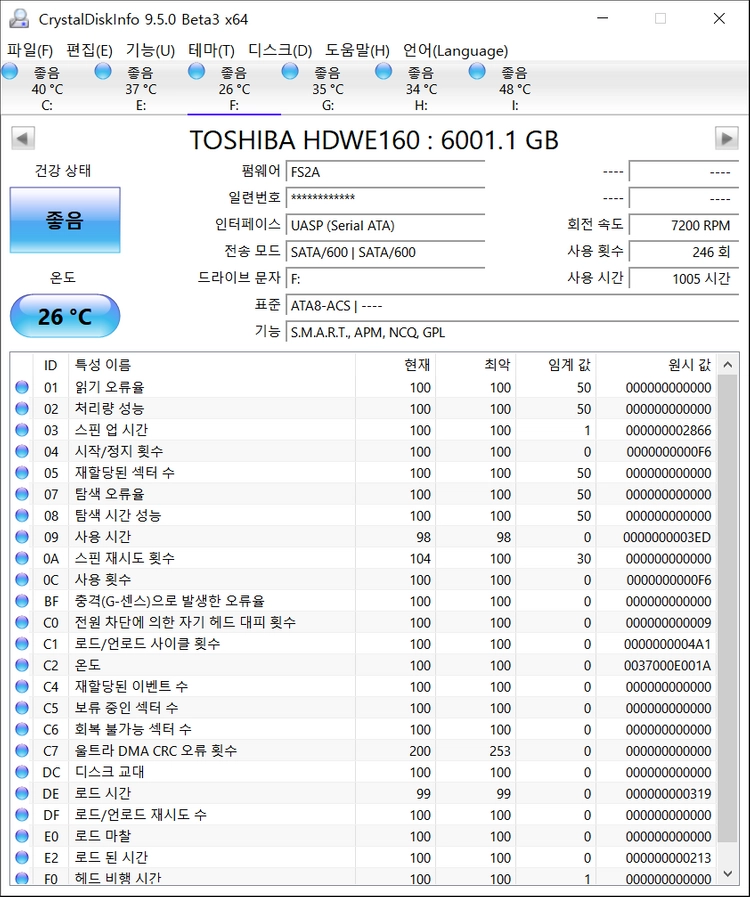 도시바 X300 7200/128M HDD 6TB, 1005시간 이미지