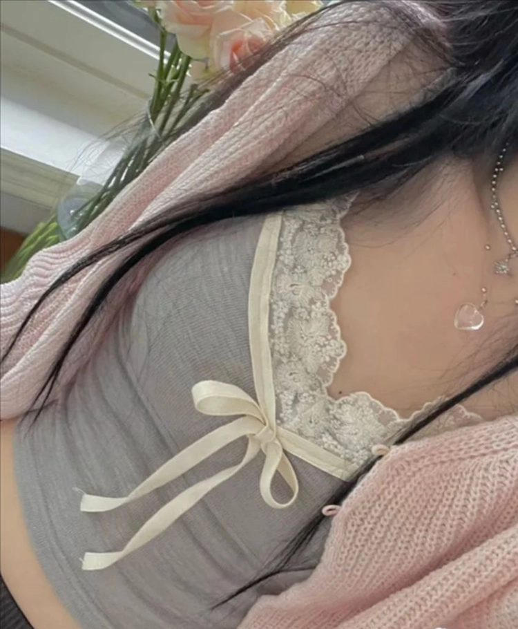 레이스 리본 레이어드 배색 슬리브리스 나시 이미지