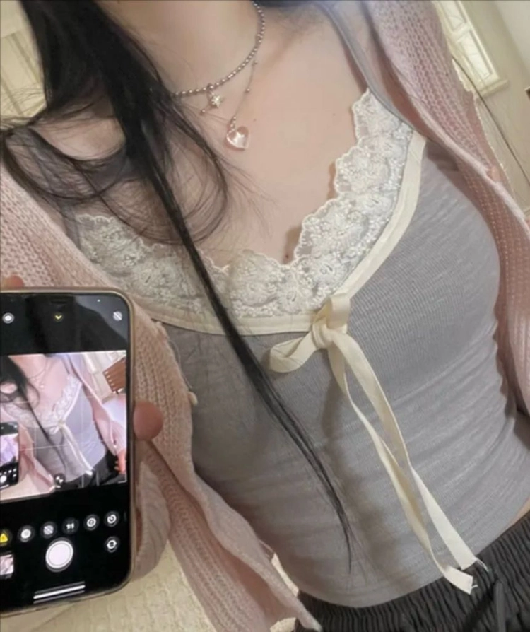 레이스 리본 레이어드 배색 슬리브리스 나시 이미지