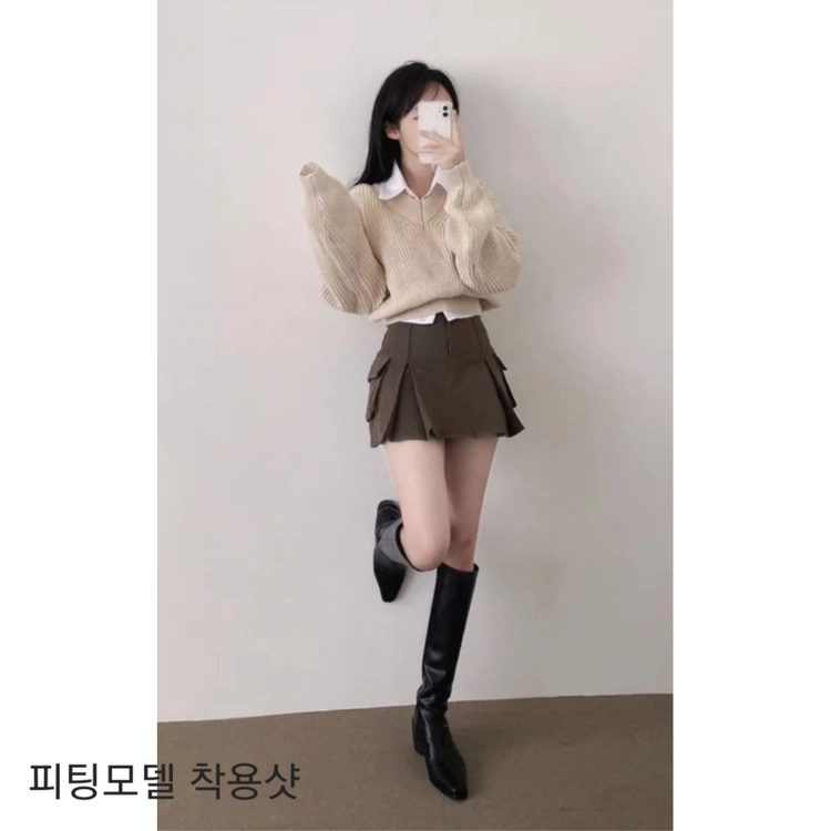 베이지색 v넥 크롭 니트 (프리사이즈) 이미지