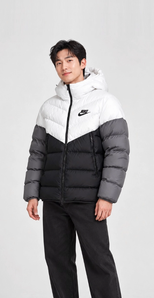 NIKE 나이키 새제품 블랙/화이트/그레이 스포츠웨어 다운 필 윈드러너 후디 패딩 자켓 M 95사이즈 이미지