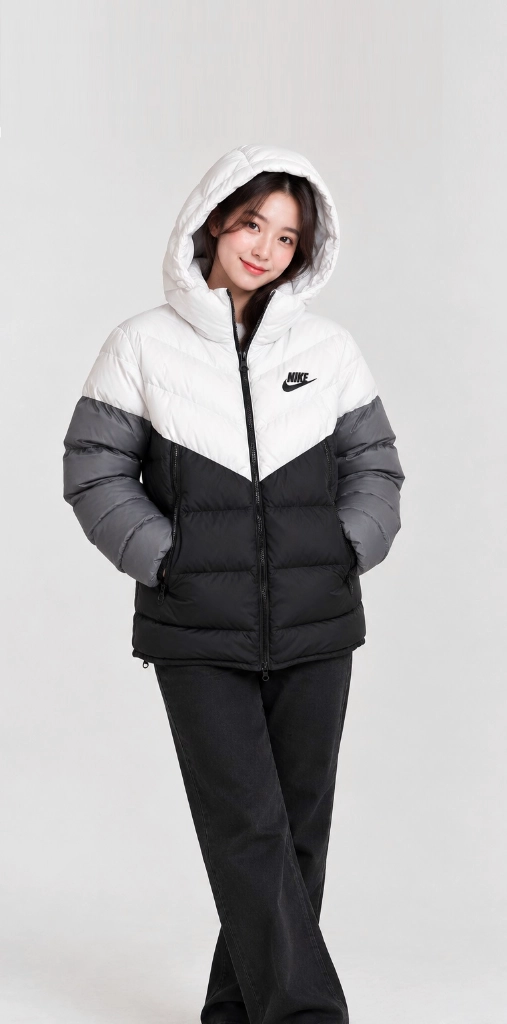 NIKE 나이키 새제품 블랙/화이트/그레이 스포츠웨어 다운 필 윈드러너 후디 패딩 자켓 M 95사이즈 이미지