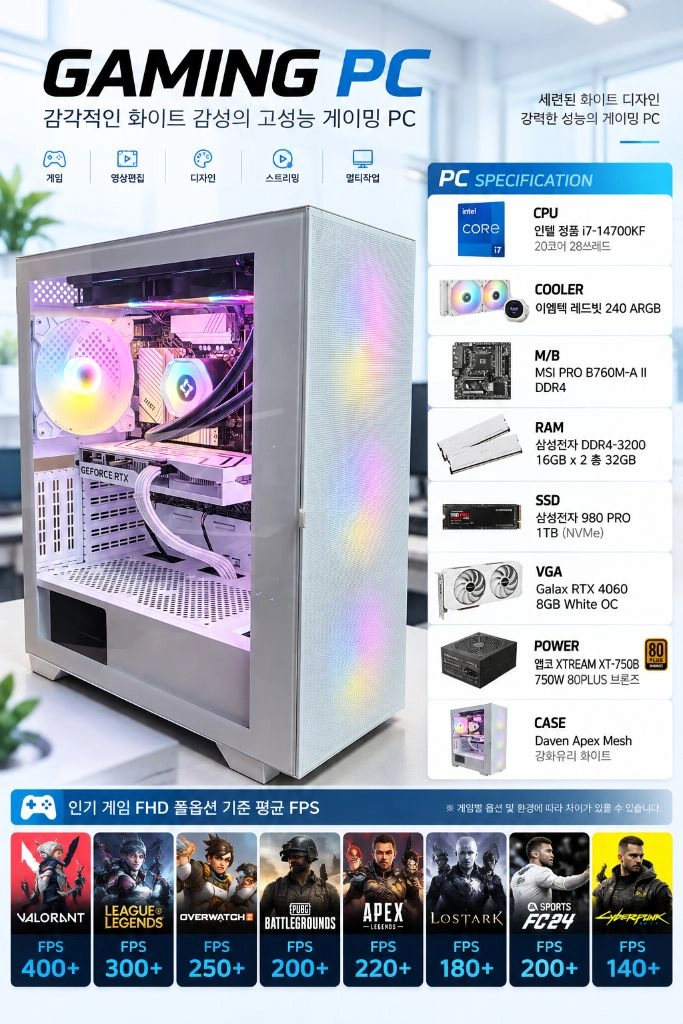 인텔 i7-14700K / rtx4060 화이트 게이밍 컴퓨터 이미지