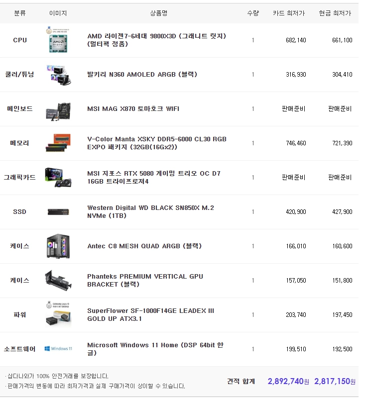 9800X3D 5080 MSI 게이밍 트리오 고사앙 게이밍 컴퓨터 이미지