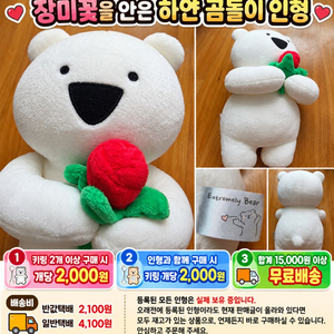 장미꽃을 안은 하얀 곰돌이 인형 이미지