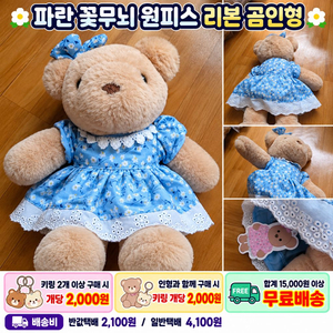 파란 꽃무늬 원피스 리본 곰인형 이미지