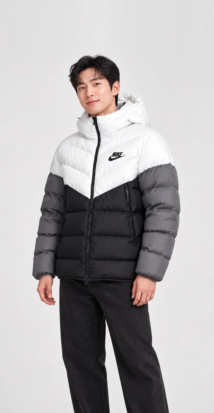 NIKE 나이키 새제품 블랙/화이트/그레이 스포츠웨어 다운 필 윈드러너 후디 패딩 자켓 M 95사이즈 이미지