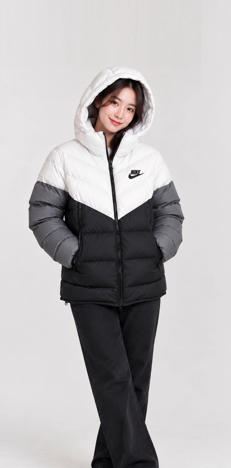 NIKE 나이키 새제품 블랙/화이트/그레이 스포츠웨어 다운 필 윈드러너 후디 패딩 자켓 M 95사이즈 이미지