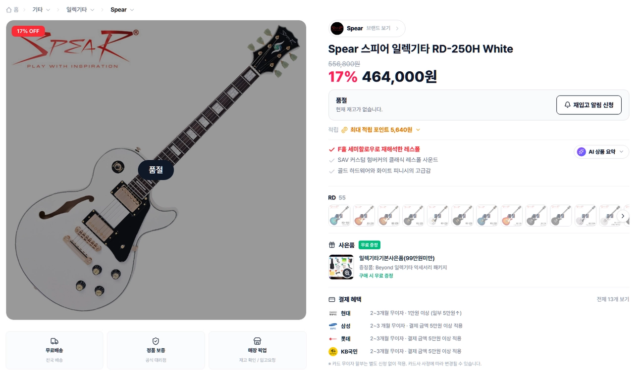 스피어 할로우 일렉기타 RD-250H 이미지