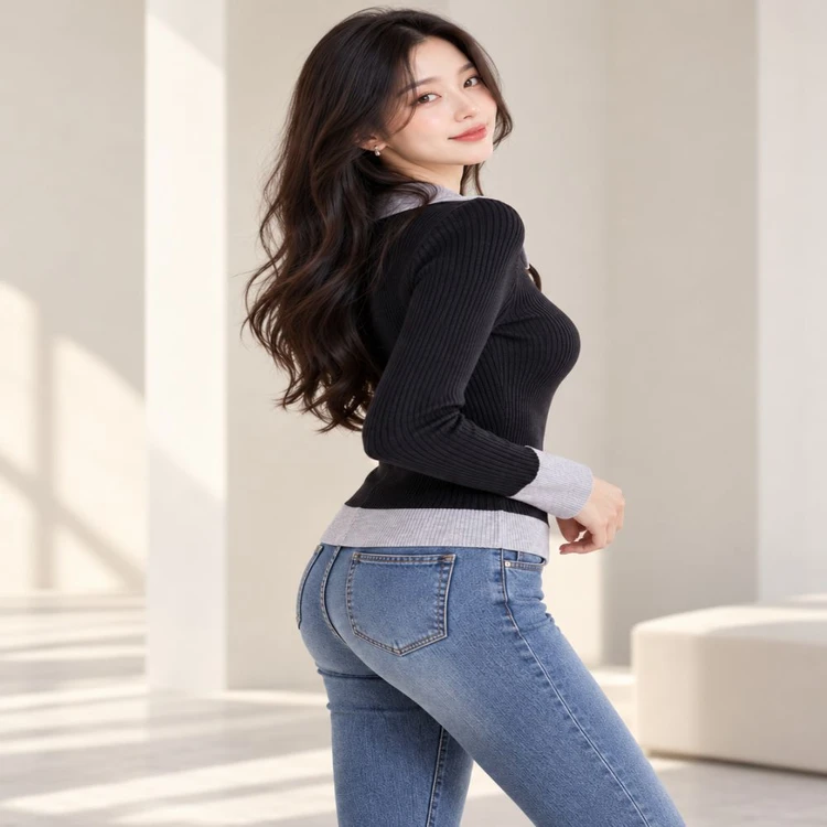 새상품 여성 블랙 배색 카라 골지 니트 긴팔 이미지