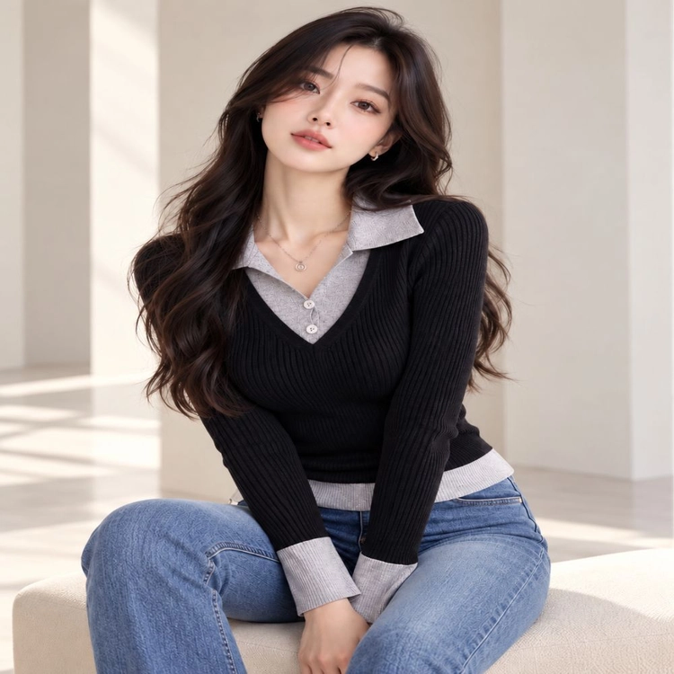 새상품 여성 블랙 배색 카라 골지 니트 긴팔 이미지