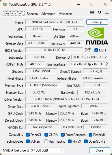 갤럭시 GALAX 지포스 GTX1060 OC D5 3GB 그래픽카드 이미지