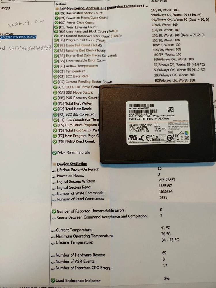 삼성 PM893 7.68TB 서버용 SATA SSD (남은 수명 100%) 이미지