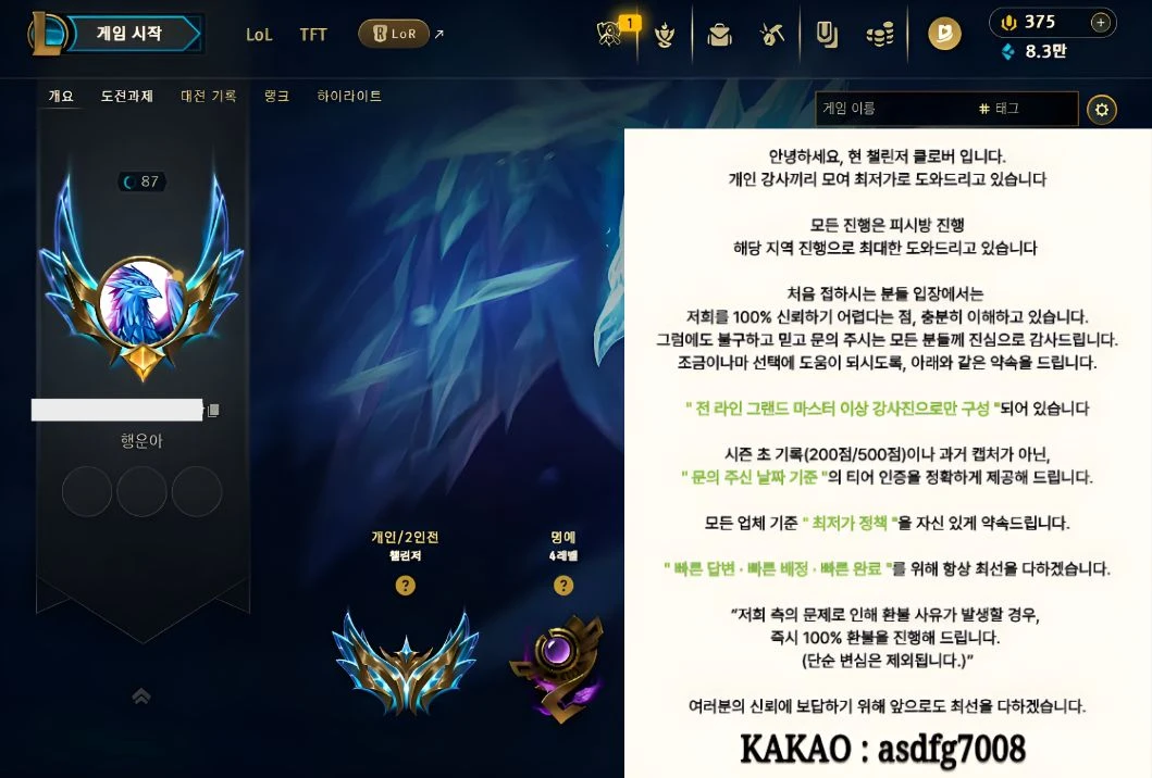 리그오브레전드 롤 맡김 대리 듀오 이미지