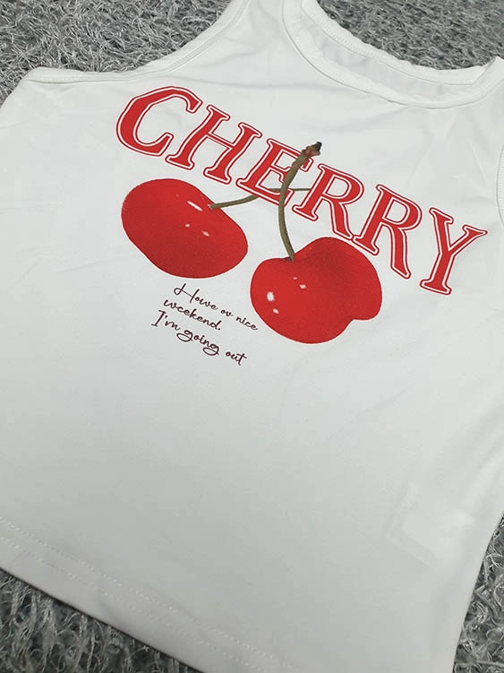 Cherry 프린팅 슬림핏 민소매 크롭 나시 XS (착샷O) 이미지