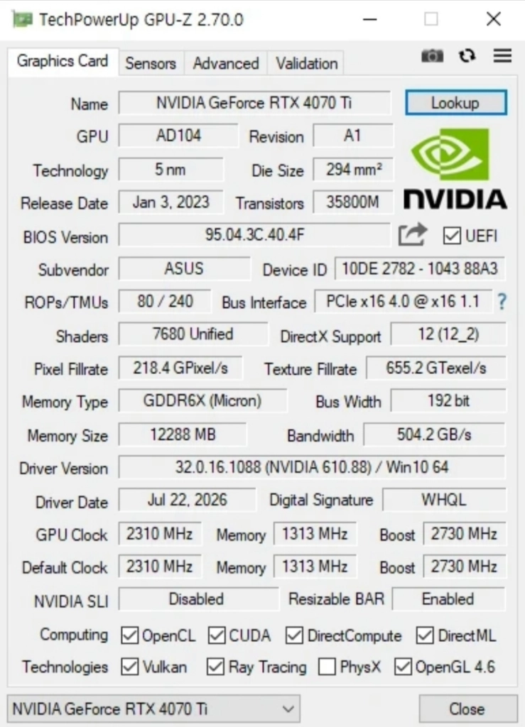 ASUS TUF 터프 Gaming 지포스 RTX 4070 Ti 012G OC D6X 12GB 풀박스 팝니다 이미지