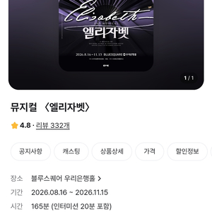 오늘! 엘리자베스 뮤지컬 티켓 이미지