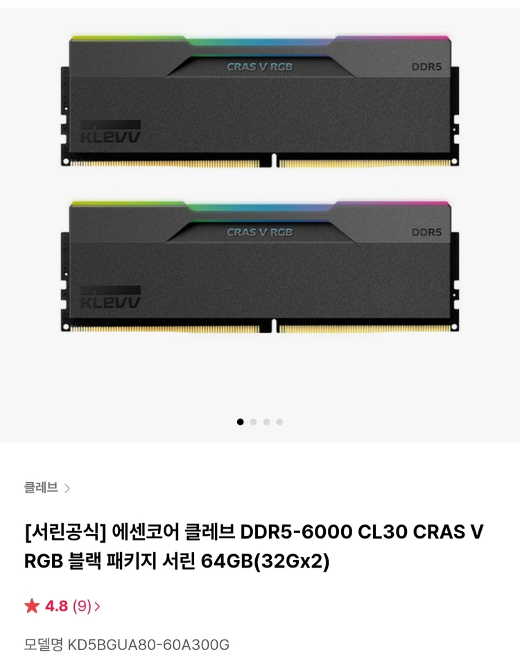 클레브 KLEVV CRAS V RGB DDR5-6000 CL30 64GB (32GB×2) 판매 - 안심되는 중고거래