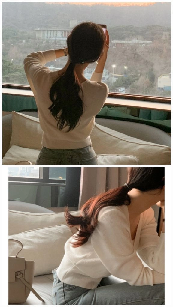 여성S~M 55~66 지그재그 아뜨랑스 화이트 브이넥 골지 니트 가디건 아이보리 데일리 가을 겨울 오피스룩 이미지