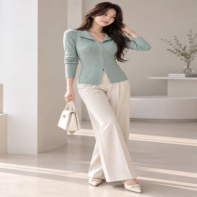 새상품 국내제작 여성 울 캐시미어 혼방 카라 골지 니트 민트 FREEㅡ무배 이미지