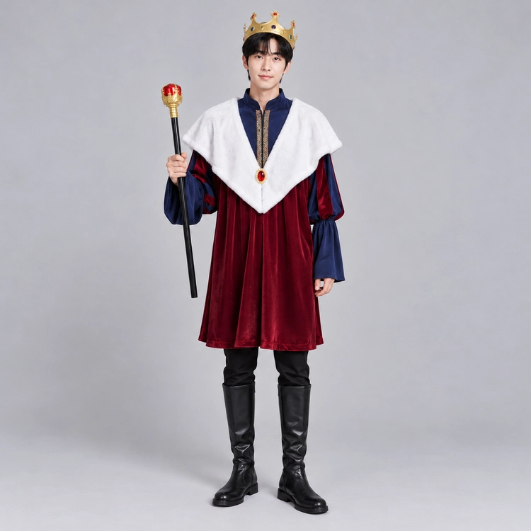 중세 헨리 왕 의상 세트 국왕 코스튬 왕관 지팡이 포함 연극 공연 무대의상 할로윈 파티 분장 이미지