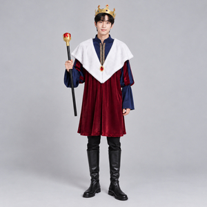 중세 헨리 왕 의상 세트 국왕 코스튬 왕관 지팡이 포함 연극 공연 무대의상 할로윈 파티 분장 이미지