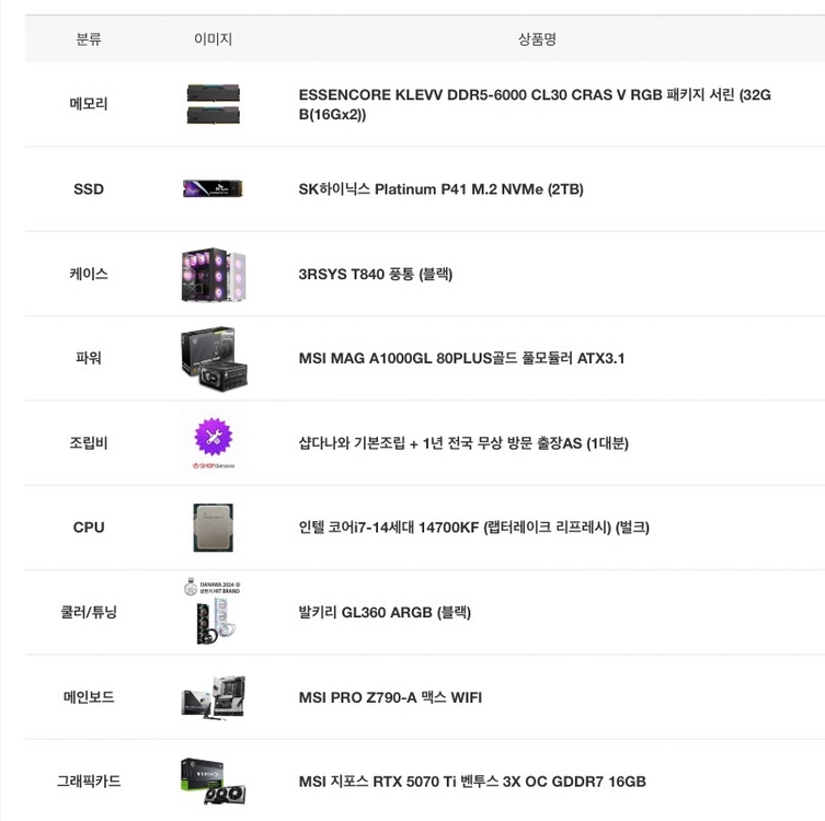 게이밍 PC 판매 i7-14700kf, RTX5070ti, RAM 32GB, SSD 2TB 이미지