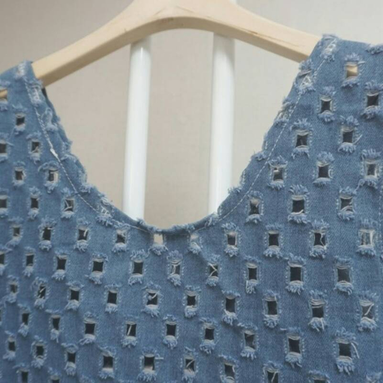 새) 데님 펀칭 시스루 슬리브 빈티지 레이어드 뷔--1